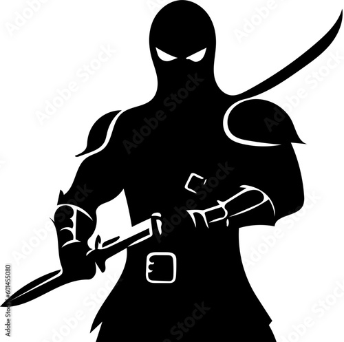 Warrior logo design in black color, vector illustration of a swordsman 