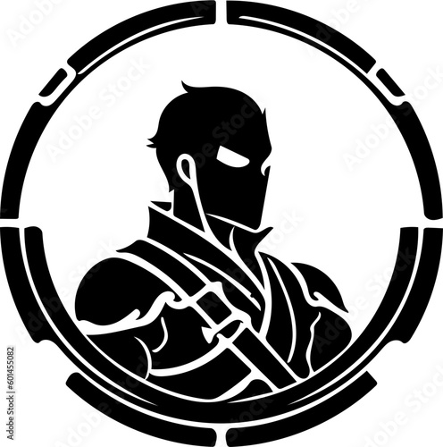 Warrior logo design in black color, vector illustration of a swordsman 