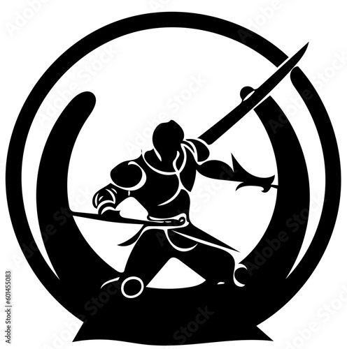 Warrior logo design in black color, vector illustration of a swordsman 