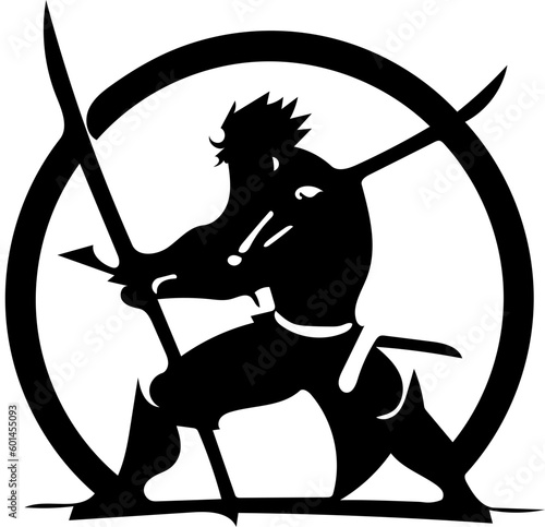 Warrior logo design in black color, vector illustration of a swordsman 