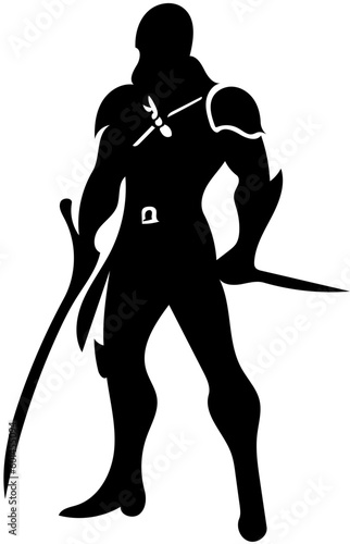 Warrior logo design in black color, vector illustration of a swordsman 