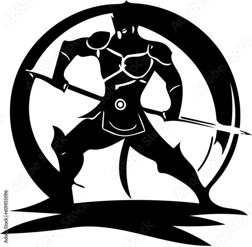 Warrior logo design in black color, vector illustration of a swordsman 