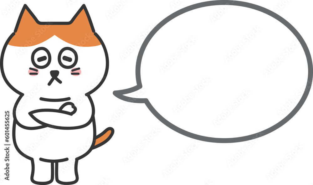 Orange tabby cartoon cat thinking something with folding arms and a speech bubble, vector illustration.