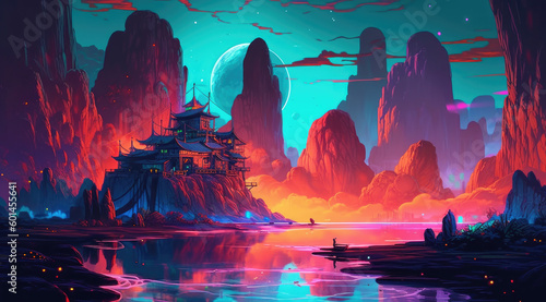 A 3D planet Illustration with a Nostalgic 90 s Vibe and Vivid Neon Colors  generative ai