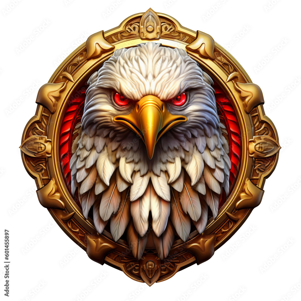 A Silver and gold metal eagle head metal emblem. 3D style eagle metal badge. Coat of arms eagle head. Eagle head metal insignia. Animal badge. Eagle head metal symbol. Medallion - obrazy, fototapety, plakaty 