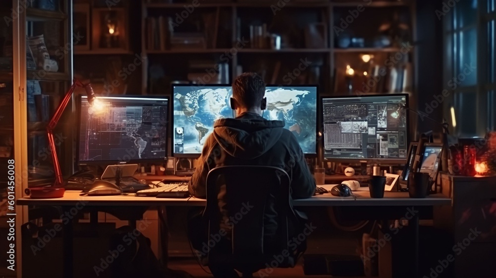 Obraz premium Young hacker attacking from home. Virtual surroundings, Generative AI