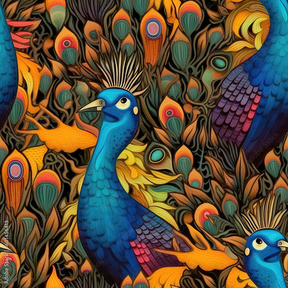 Fototapeta premium Fantasy peacocks seamless repeat pattern - fantasy colorful cubism, abstract art, trippy psychedelic [Generative AI] 