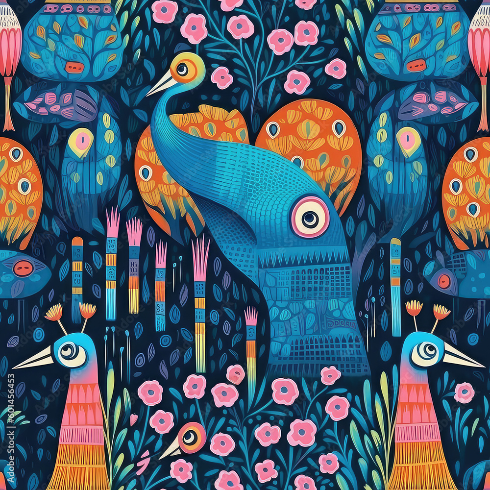 Obraz premium Fantasy peacocks seamless repeat pattern - fantasy colorful cubism, abstract art, trippy psychedelic [Generative AI] 