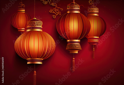 Hanging Chinese new year lanterns in paper cut style on red background. Generative Ai
