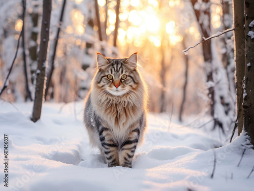 Photo of a Siberian cat walking in a snowy forest