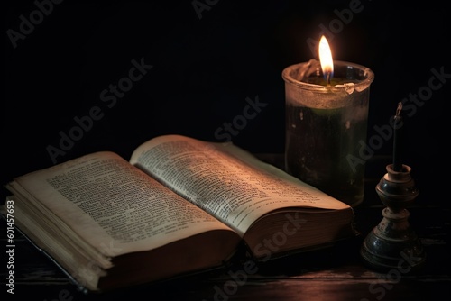 An open old book and a burning candle on a dark background generated by AI