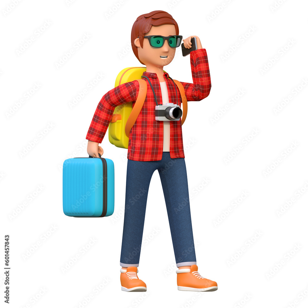 traveler holding luggage and holding smart phone 3d character cartoon illustration 2 traveler holding luggage and holding smart phone 3d character cartoon illustration 2