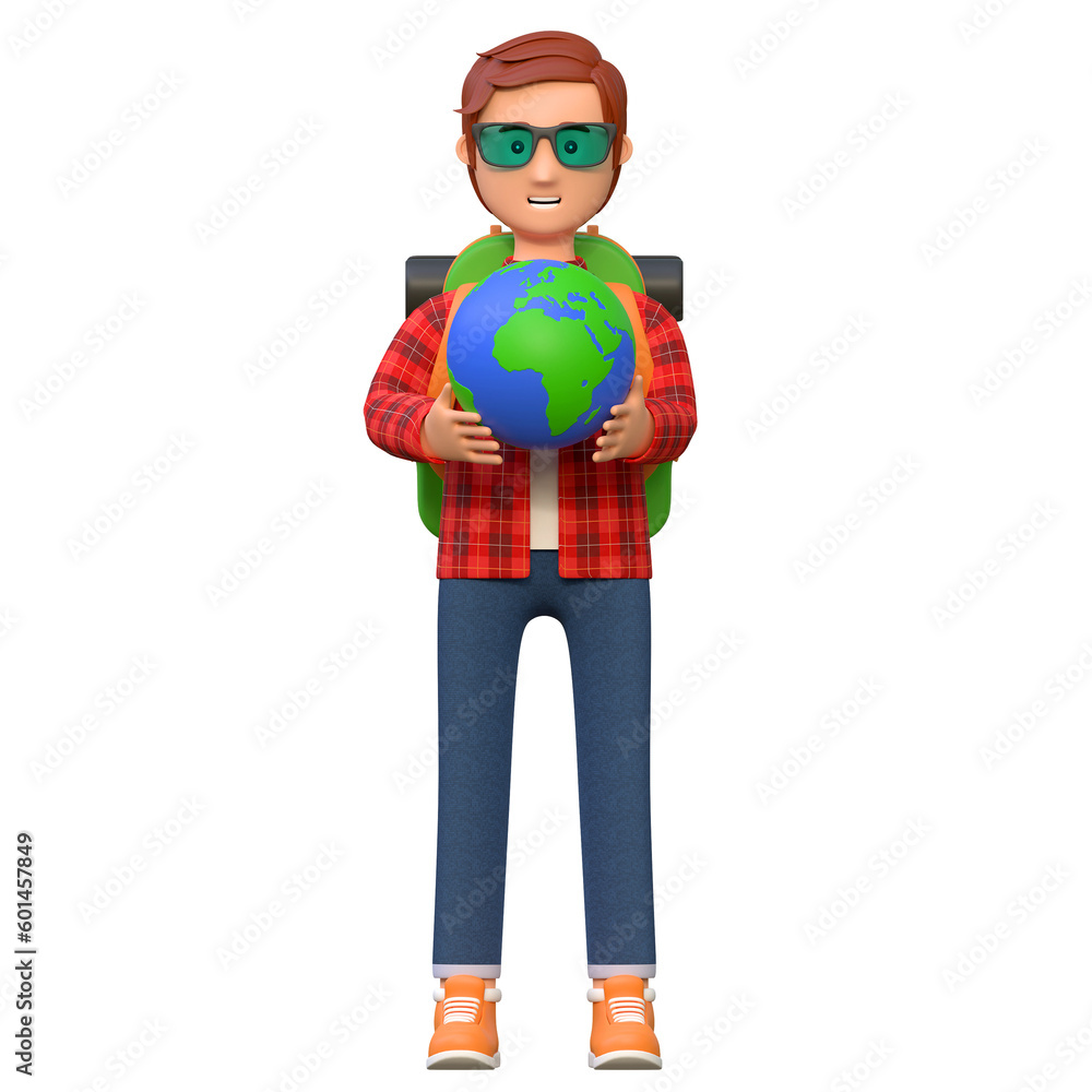 traveler holding luggage and holding earth 3d character cartoon illustration 2