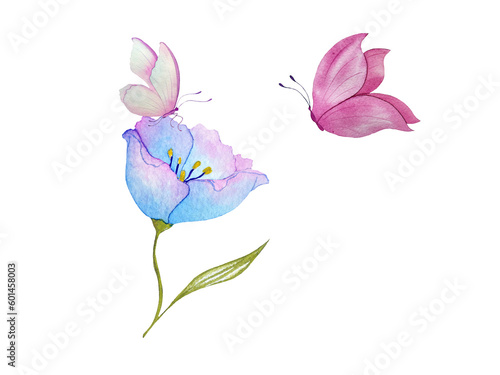 Watercolor composition of butterflies and flower. Hand-drawn illustration  isolated background. Suitable for wedding invitations  packaging  postcards and printed products.