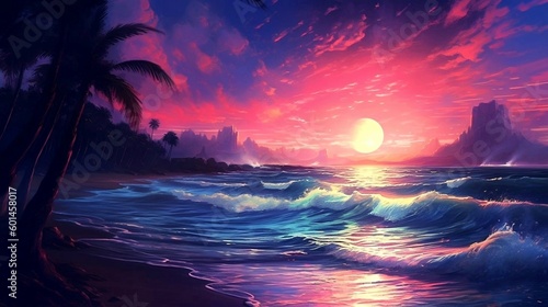 Sunset on the tropical beach, island, regenerative AI