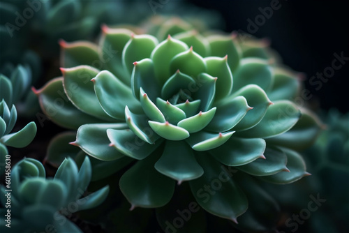 Macro of a succulent plant. Close up of a teal cactus. Teal cactus leaves. Tidewater green background. Cactus plant pattern wallpaper. AI generated content