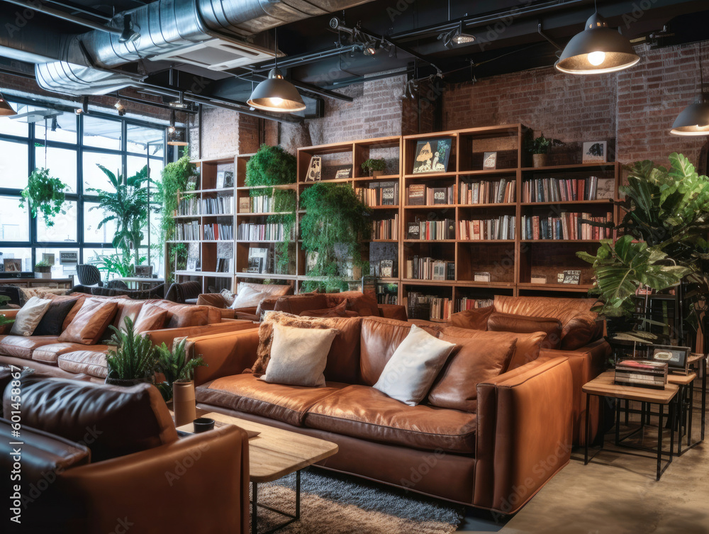 Industrial-style: cozy lounge area within the co-working space. The image shows comfortable leather sofas arranged around a low coffee table