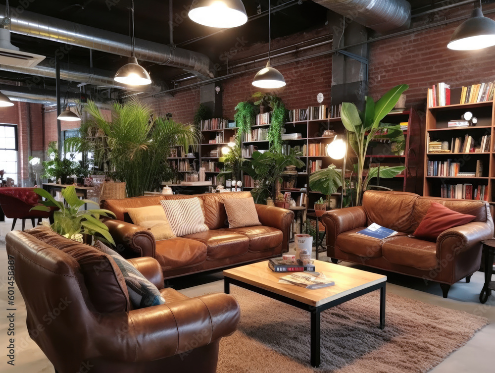 Industrial-style: cozy lounge area within the co-working space. The image shows comfortable leather sofas arranged around a low coffee table