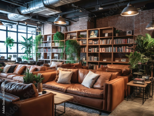 Industrial-style: cozy lounge area within the co-working space. The image shows comfortable leather sofas arranged around a low coffee table