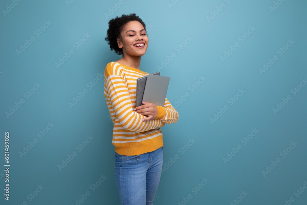positive afro brunette latin young business woman with laptop positive afro brunette latin young business woman with laptop