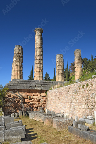 Apollo Temple in Delphi, an archaeological site in Greece, at the Mount Parnassus. Delphi is famous by the oracle at the sanctuary dedicated to Apollo 