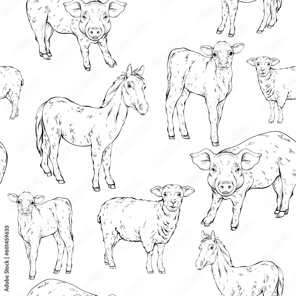 Fototapeta premium Cute farm animals horse, sheep, pig, calf with chewing gum. Illustration of funny animals. Black and white