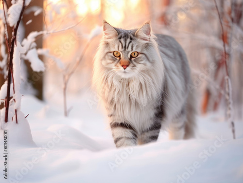 Photo of a Siberian cat walking in a snowy forest