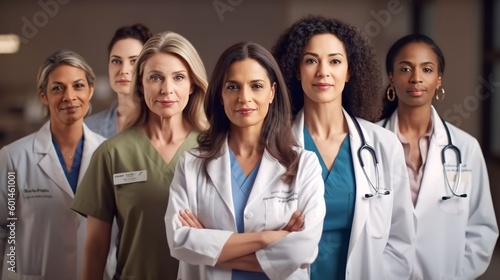 Portrait group of diverse Female Physicians Doctors together, Generative AI
