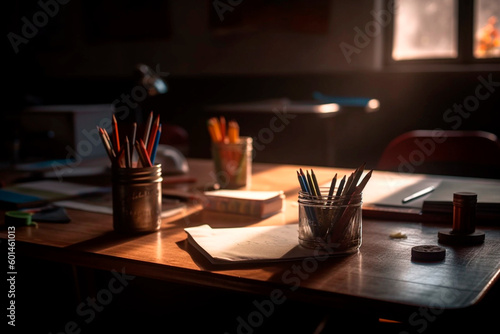 Generative AI illustration of colorful pencils in jars placed on wooden table near documents in ark office room with sunrays