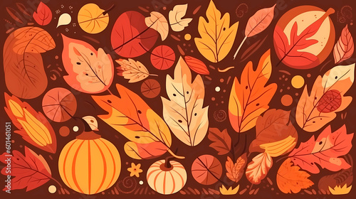 Generative AI illustration of bright background with assorted autumn leaves and ripe pumpkins