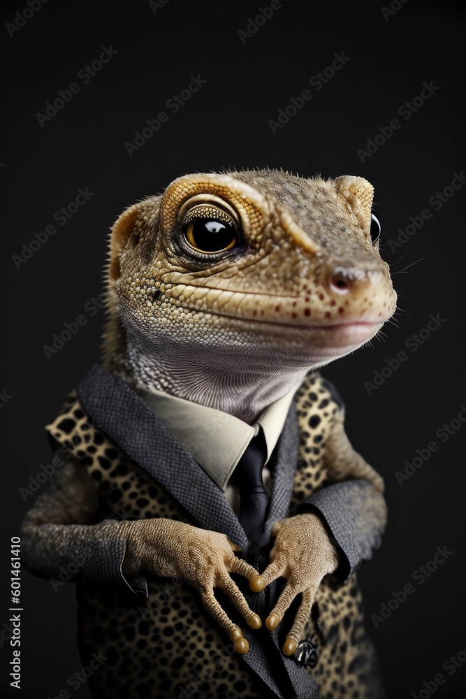 Portrait of baby gecko in a business suit. Generative AI