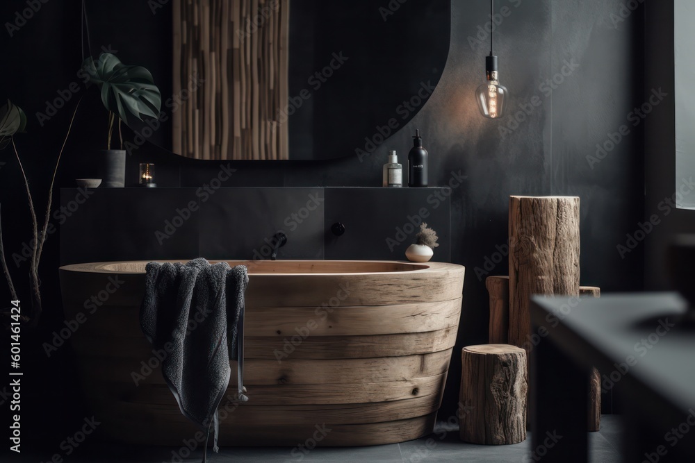 Chic Designer Bathroom with Japandi Design, Freestanding Bathtub, and LED Lighting in a Stunning 3D Render. Chic Designer Bathroom with Japandi Design, Freestanding Bathtub, and LED Lighting in a Stunning 3D Render.