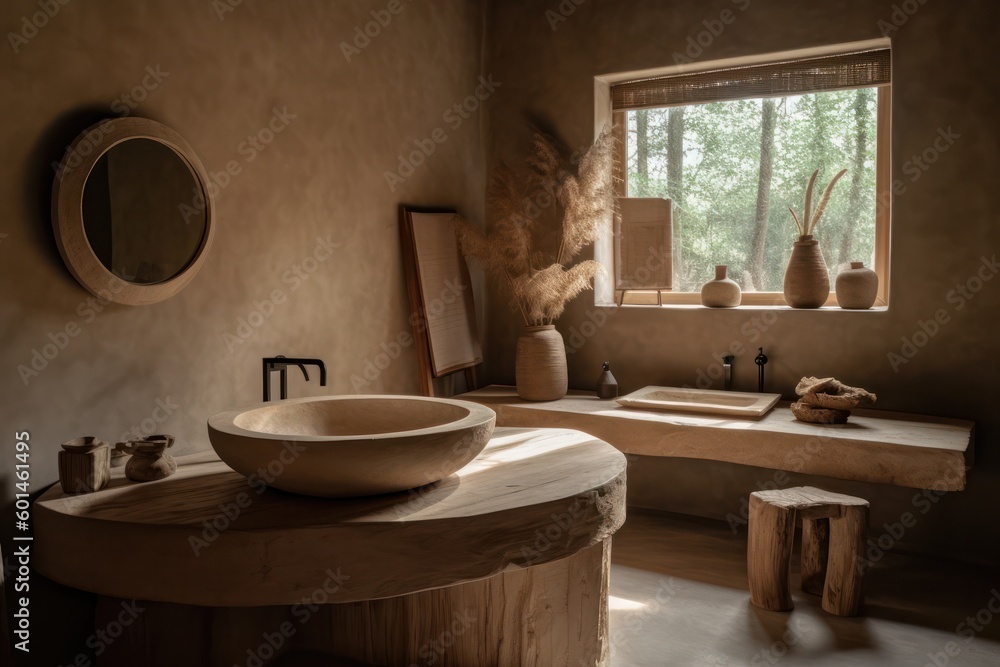 Fototapeta premium Chic Designer Bathroom with Boho Scandinavian Charm, Freestanding Bathtub, and LED Lighting.