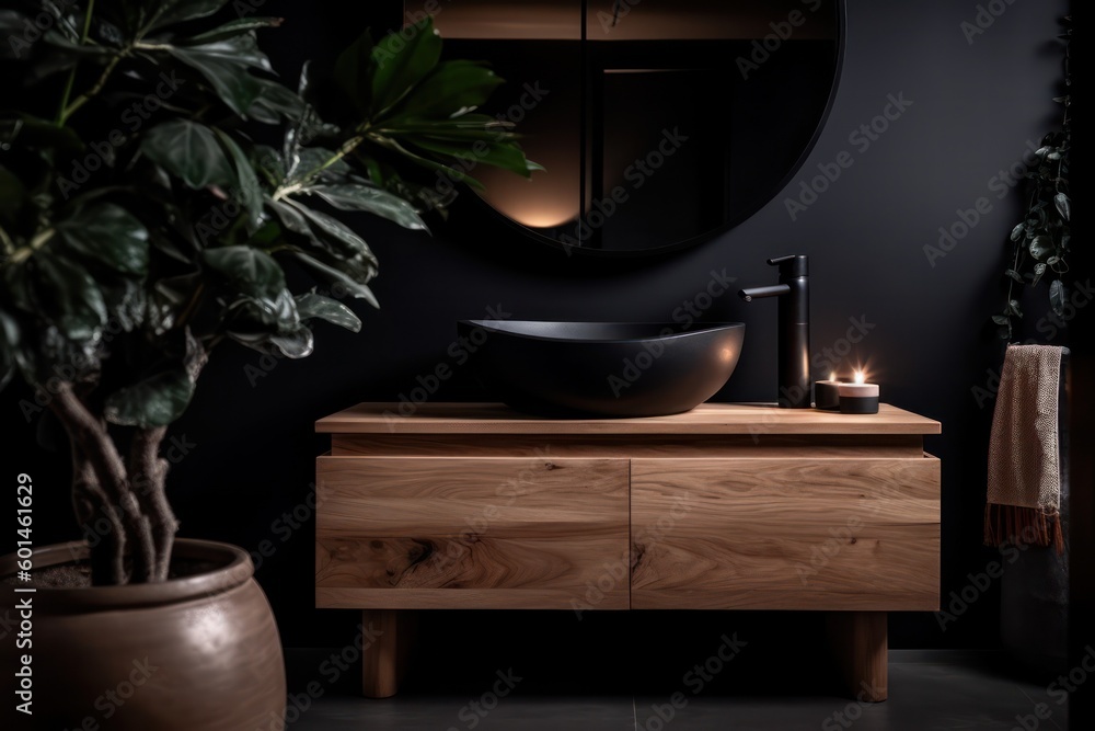 Close-up Details of a Chic Designer Bathroom with Boho Scandinavian Charm, Luxurious Freestanding Bathtub, and Double Vanity. Close-up Details of a Chic Designer Bathroom with Boho Scandinavian Charm, Luxurious Freestanding Bathtub, and Double Vanity.