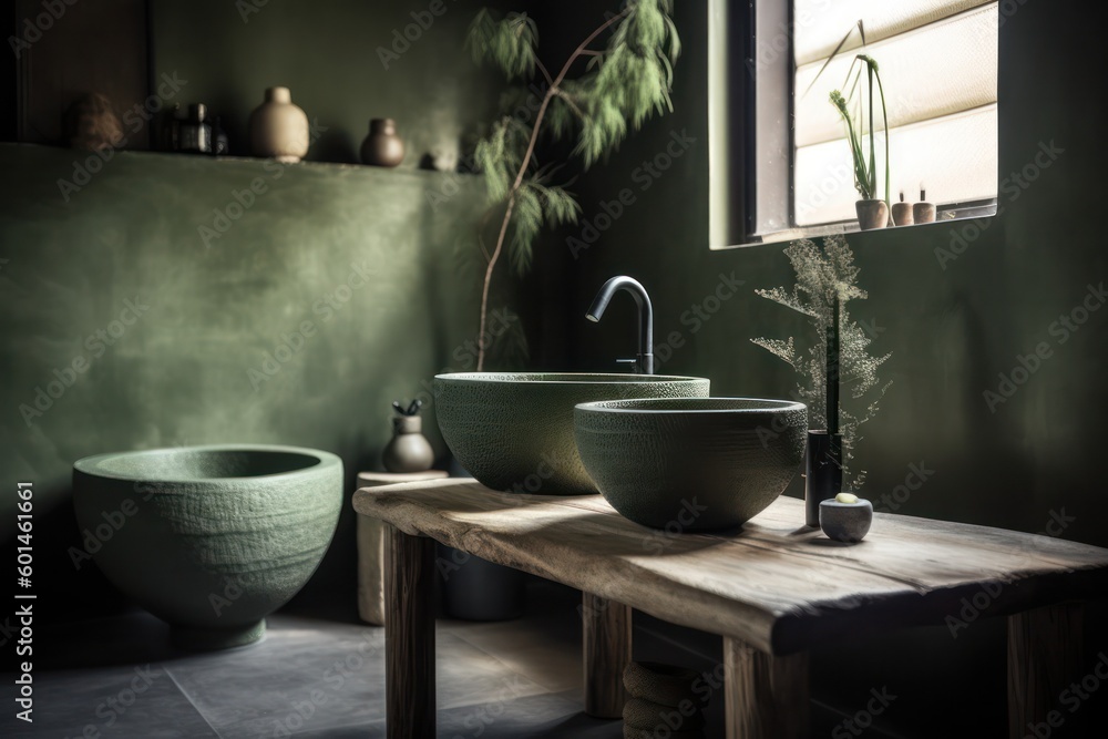Close-up Details of a Chic Designer Bathroom with Boho Scandinavian Charm, Luxurious Freestanding Bathtub, and Double Vanity. Close-up Details of a Chic Designer Bathroom with Boho Scandinavian Charm, Luxurious Freestanding Bathtub, and Double Vanity.