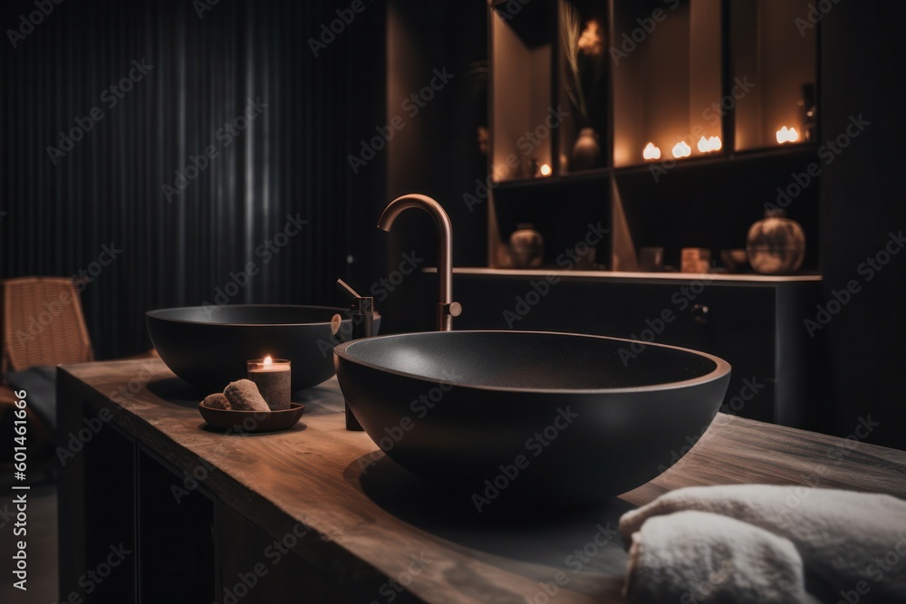 Close-up Details of a Serene Japandi Style Bathroom, Showcasing a Freestanding Tub, LED Lighting, and Luxurious Double Vanity. Close-up Details of a Serene Japandi Style Bathroom, Showcasing a Freestanding Tub, LED Lighting, and Luxurious Double Vanity.
