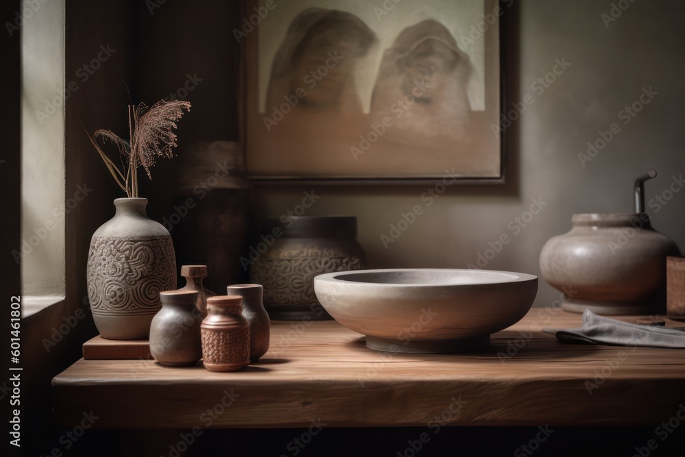 Close-up Details of a Stylish Bathroom, Merging Japandi Simplicity with Natural Light and a Luxurious Freestanding Tub.