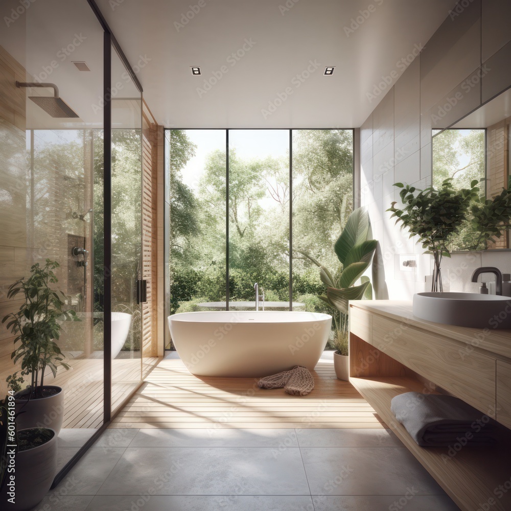 Timeless Designer Bathroom with Freestanding Bathtub, Luxury Features, and LED Illumination..
