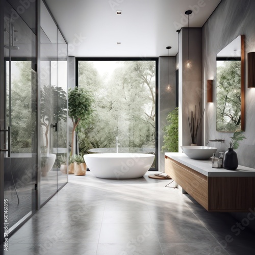 Timeless Designer Bathroom with Freestanding Bathtub  Luxury Features  and LED Illumination..