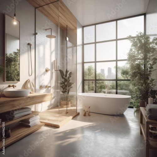 Modern Luxury Bathroom with Designer Touches  Freestanding Bathtub  and LED Lighting Accents..