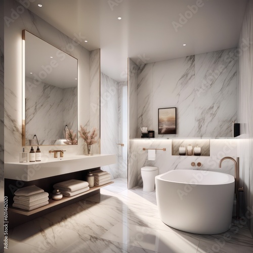 A Glamorous Designer Bathroom with Luxurious Freestanding Bathtub and LED Lighting..