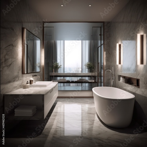 A Glamorous Designer Bathroom with Luxurious Freestanding Bathtub and LED Lighting..