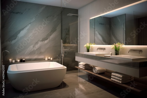 A Glamorous Designer Bathroom with Luxurious Freestanding Bathtub and LED Lighting..