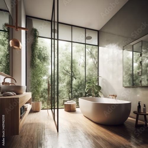 Modern Luxury Bathroom with Designer Touches  Freestanding Bathtub  and LED Lighting Accents..