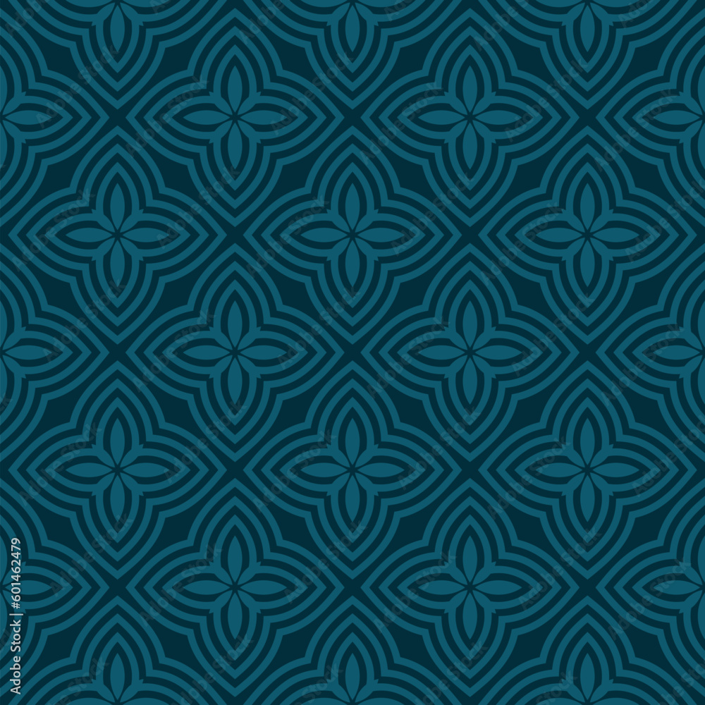 Vector seamless pattern. Simple geometric floral ornamental background.  Abstract ornament texture with flower silhouettes, petals, curved lines, repeat tiles. Teal color. Elegant repetitive design