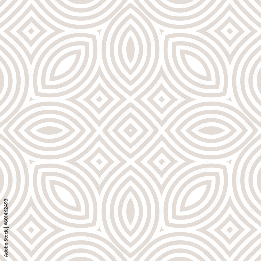 Subtle vector geometric seamless pattern. Abstract linear ornament texture with curved shapes, lines, flower silhouettes, leaves, repeat tiles. Minimal white and beige background. Elegant geo design - obrazy, fototapety, plakaty 