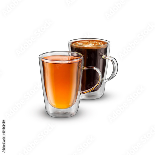 Two glass cups of tea and coffee isolated on white backgound