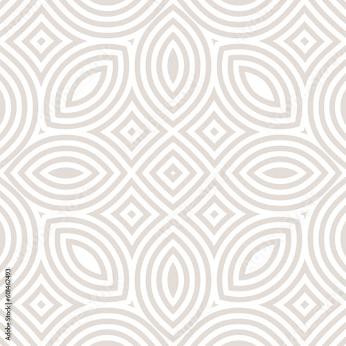 Fototapeta Naklejka Na Ścianę i Meble -  Subtle vector geometric seamless pattern. Abstract linear ornament texture with curved shapes, lines, flower silhouettes, leaves, repeat tiles. Minimal white and beige background. Elegant geo design