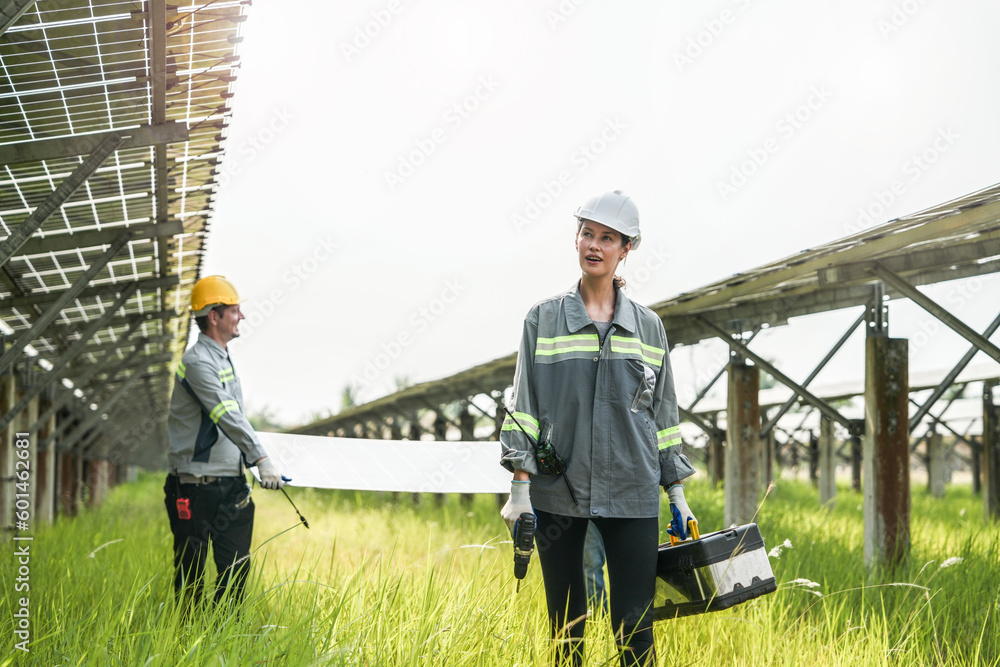 engineers walking and inspecting construction of solar cell panel or ...