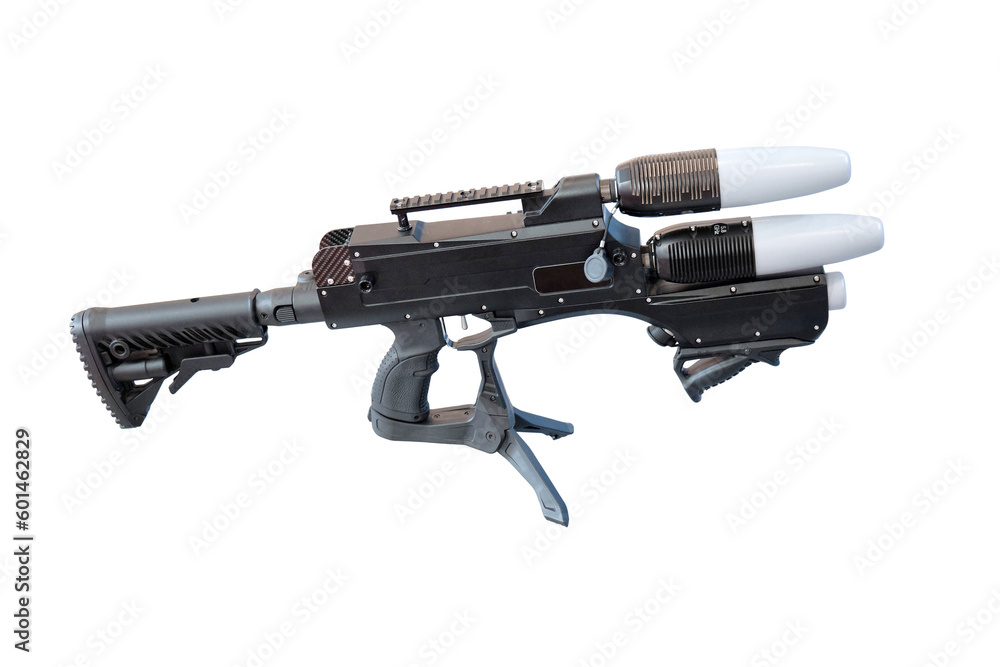 Anti-drone gun for protection against air attack, isolated on a white background. Weapons for shooting down drones, isolated on a white background